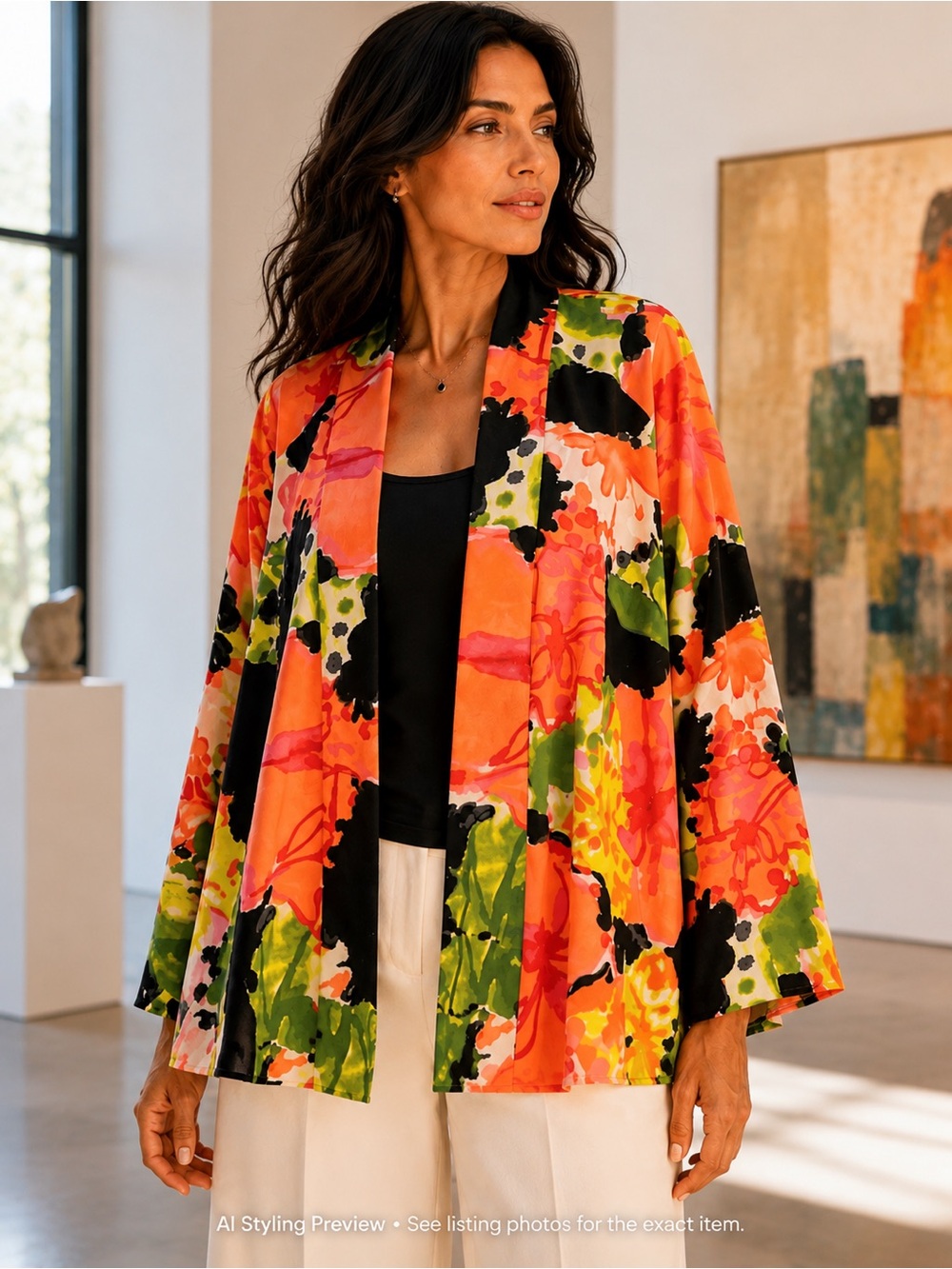 Natori Medium Watercolor Floral Kimono Jacket Open Front Cardigan